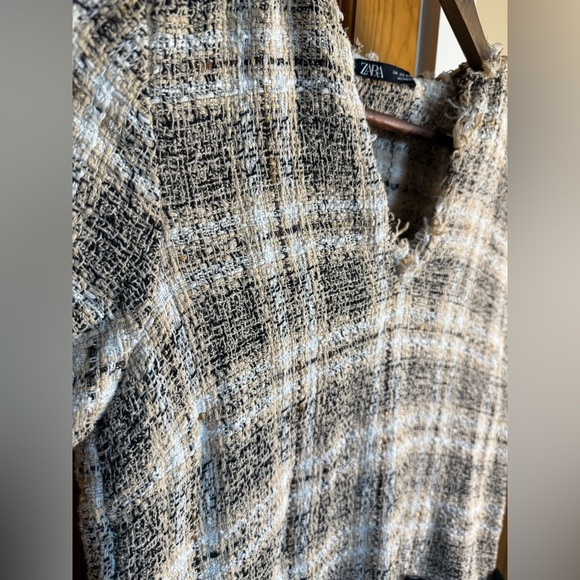 Zara Beige Plaid Tweed Tunic Mini Dress with faux Leather Pockets - Picture 4 of 9